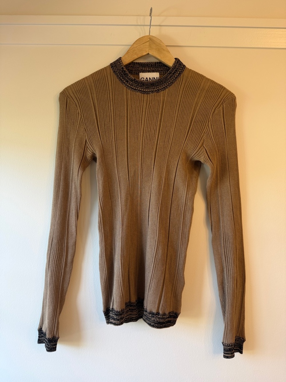 Ganni Tan Ribbed Crew Sweater with Black Trim